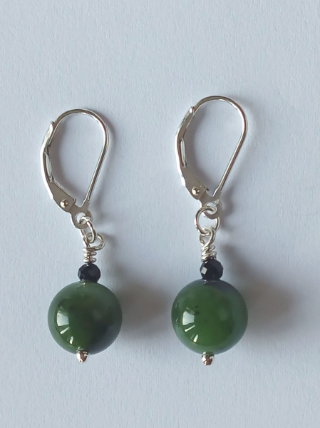silver earrings-leverbacks with jadeite and tourmaline beads-the colours are green and black